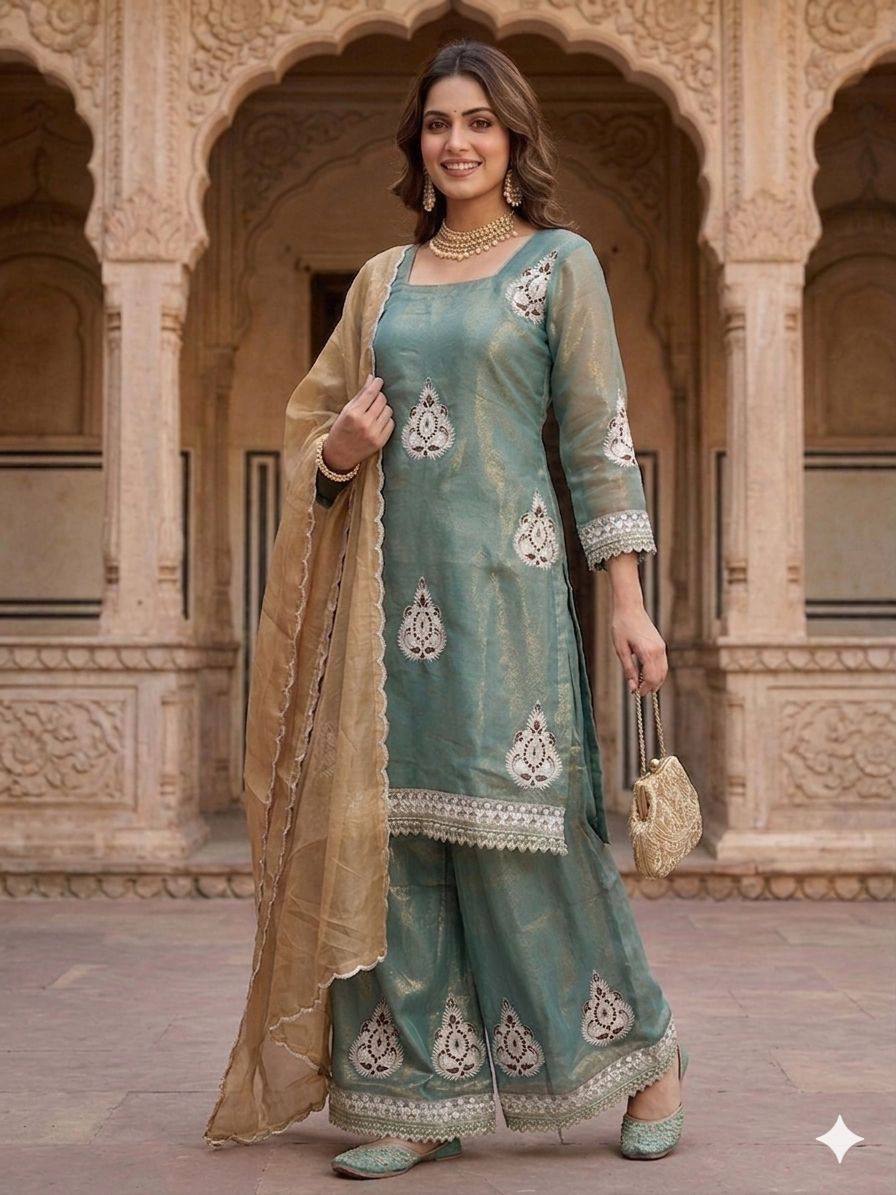 The Neo-Classic Teal Tissue Silk Silhouette